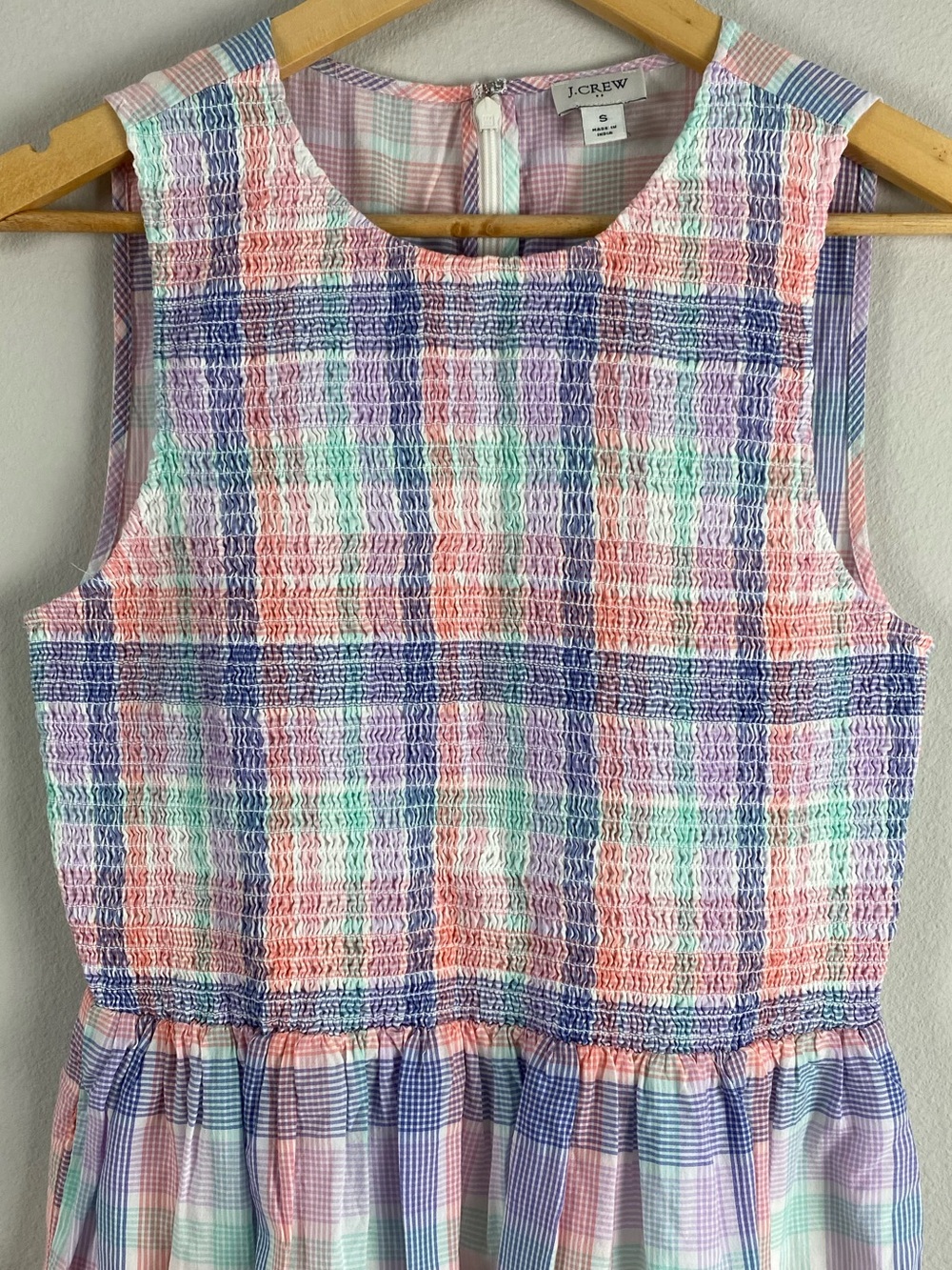 J. Crew Factory Pastel Plaid Smocked Midi Dress | 2 Pockets | Multicolor - Picture 3 of 16